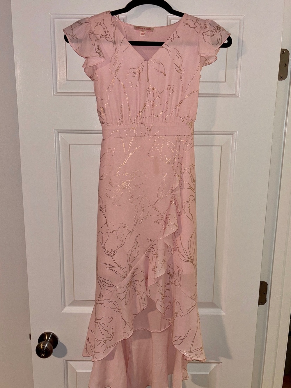 Flutter-Sleeve Faux-Wrap High-Low Dress in Blush pink - Big girls size 10